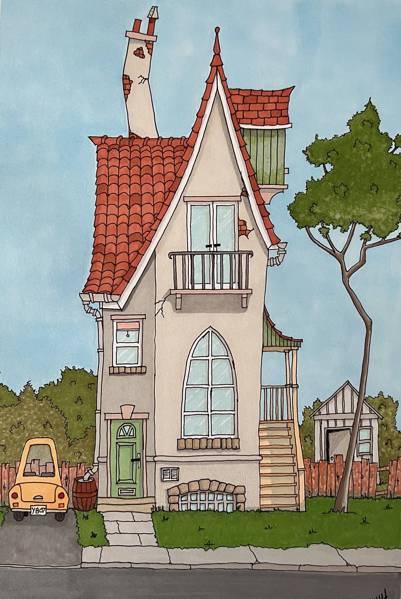 Whimsical tall house illustration with tiled roof