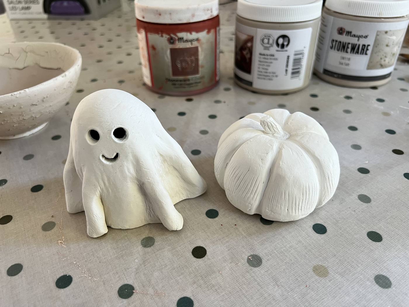 Clay ghost and pumpkin figures